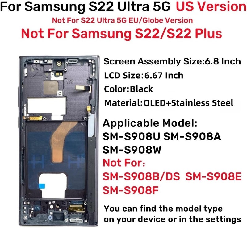 LNONLS Store شاشة عرض OLED لجهاز سامسونج جالاكسي S22 ألترا 5G - مجموعة استبدال شاشة LCD لجهاز سامسونج S22 ألترا مع أدوات الإطار S908U S908A النسخة الأمريكية (أسود) - Image 2